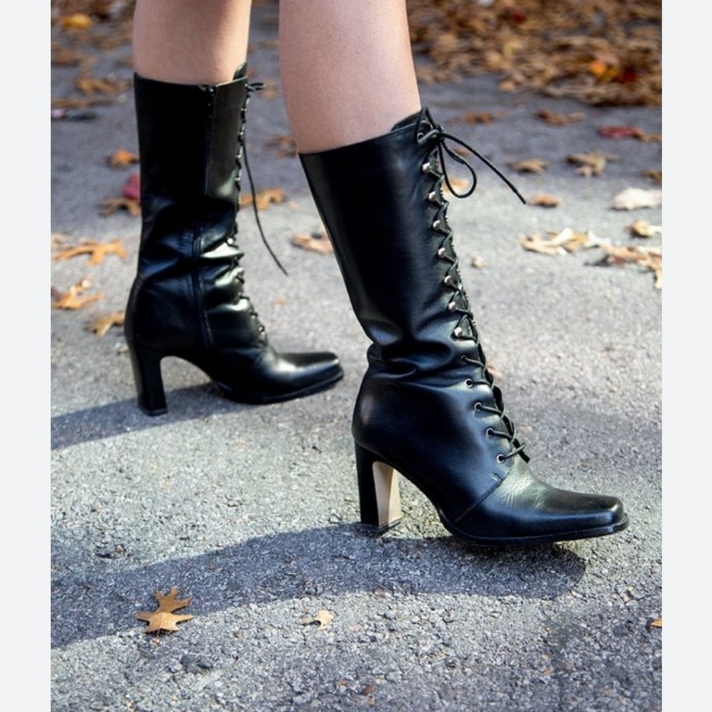 White Mountain Oakley BOOTS BlK Leather-Brazilian Hightop Square Toe Heels-Laced